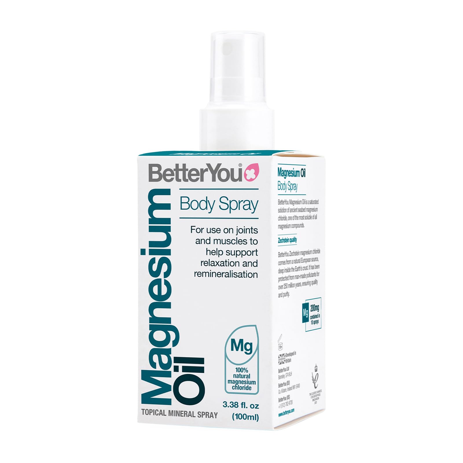 BetterYouMagnesium Supplement, High Strength Magnesium Oil Spray | Natural Vegan Magnesium Chloride Liquid for Sleep, Muscle Recovery Use for Feet and Legs, 600 Sprays, Made in UK