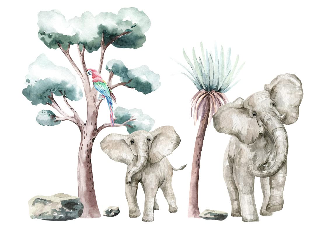 SAVANNA SPIRIT naklejki ścienne dla dzieci, safari, sawanna, żyrafa, gepard, małpa, tygrys, słoń, drzew, akwarela (Savanna Spirit L słonie)