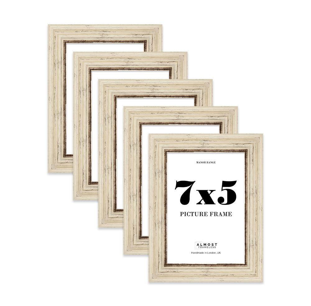 7x5 Picture Frame, Display 7x5 Pictures (17.8 x 12.7cm) - Distressed Cream Classic 42mm Edge Antique-Inspired Home Accessories - 5 Pack
