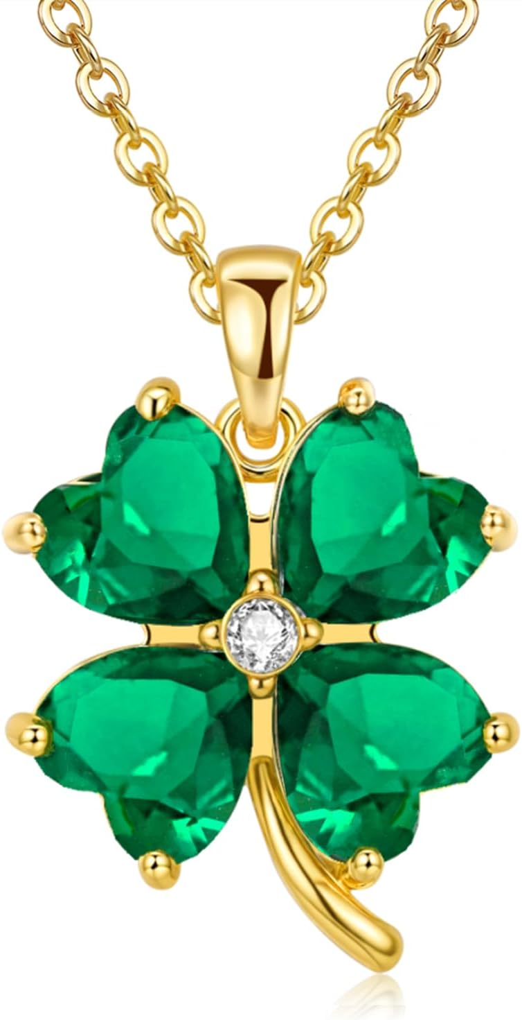 VONSSY Four Leaf Clover Necklace Earrings Shamrock Irish ST Patricks Jewelry Set Gift 18k Gold Plated Green Emerald Zircon Diamond Crystal Lucky Saint Pendant for Woman Wife Girlfriend Mom