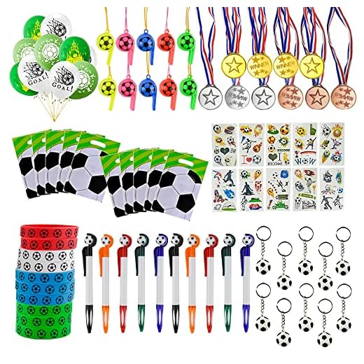 Locisne 80*Decoraciones para Fiestas de fútbol, 8 Tipos - Globos, llaveros de fútbol, Pulseras de Silicona, silbatos, medallas, Pegatinas de Tatuajes, bolígrafos, Bolsas de Regalo para Fiestas