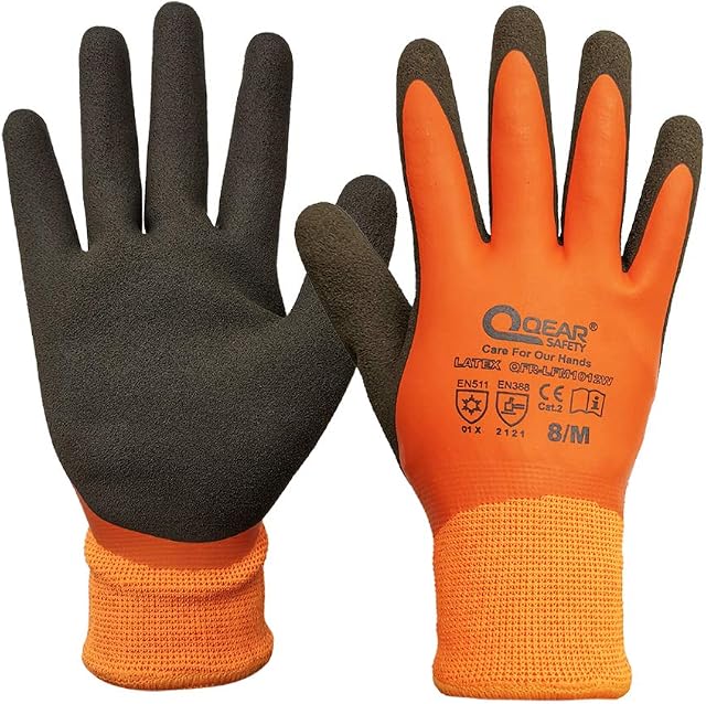 QEARSAFETY 1 Pair Thermal Work Glove, Cold Resistance Glove, Fleece Lining, Fully Latex Rubber Coated For Water Proof, Sandy Soft/Anti-Slip Palm For Grip,8/M