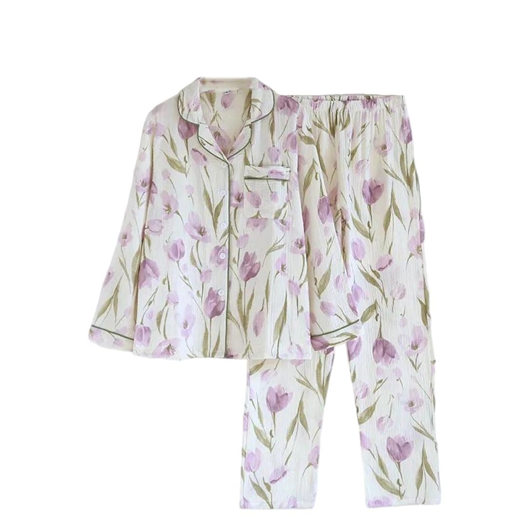 Conjunto de pijama de algodón crepé floral para mujer, manga larga, cómodo para el hogar