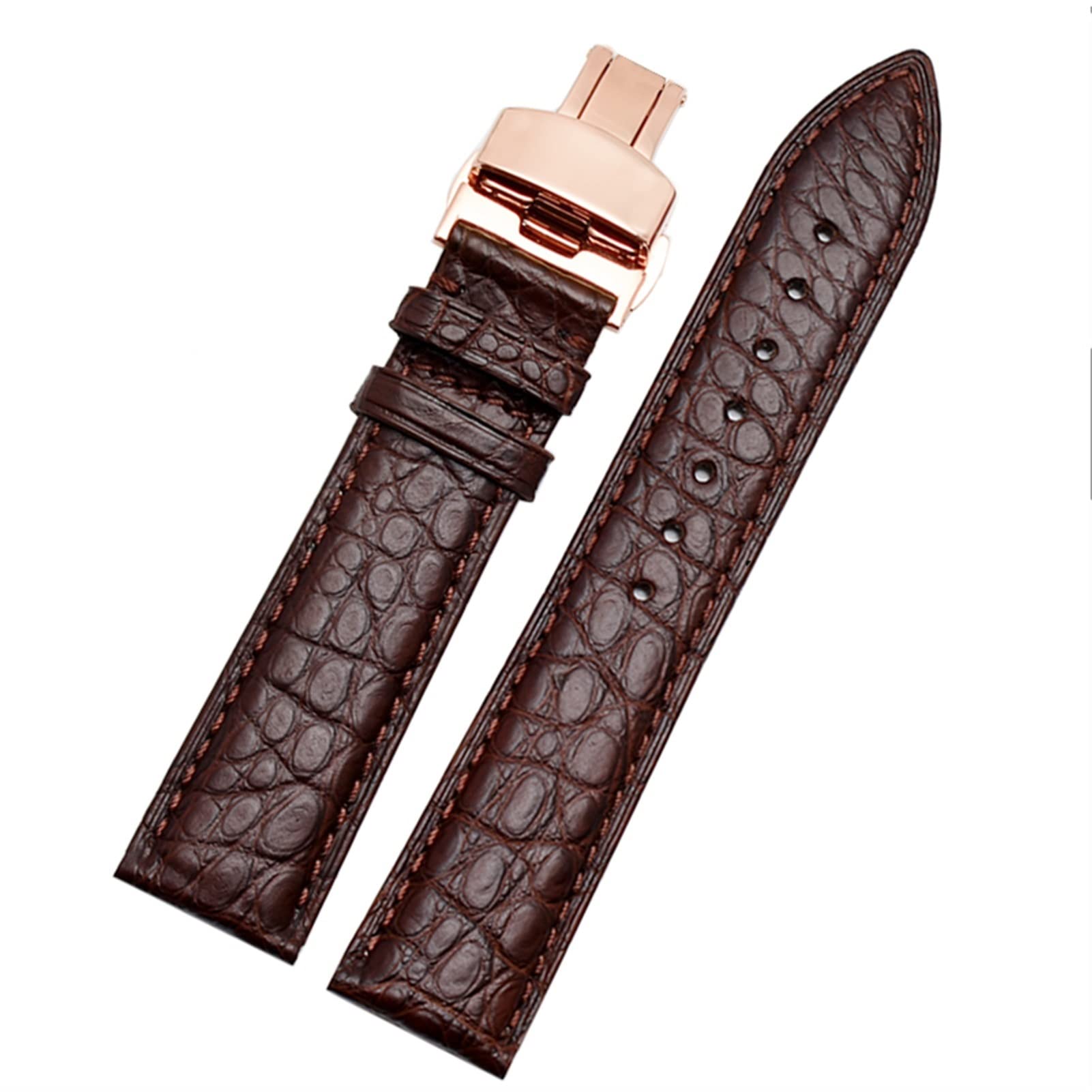 Correa de piel de cocodrilo para cualquier pulsera de marca de 20 mm con cierre de solapa (marrón oro rosa)