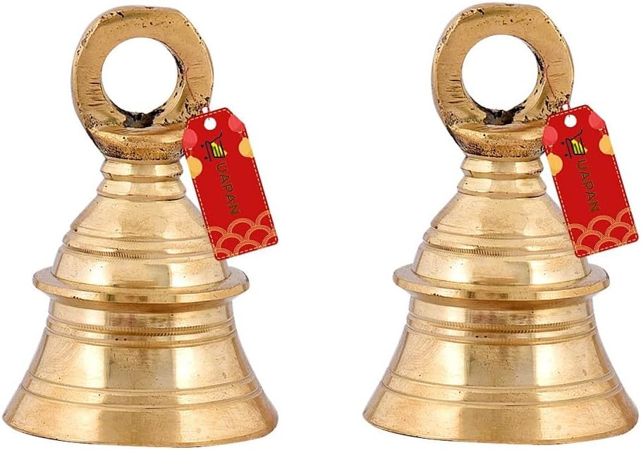 UAPAN Brass Hanging Bell for Festival Home Decoration with J hock (3 Inch, Pack of 2)