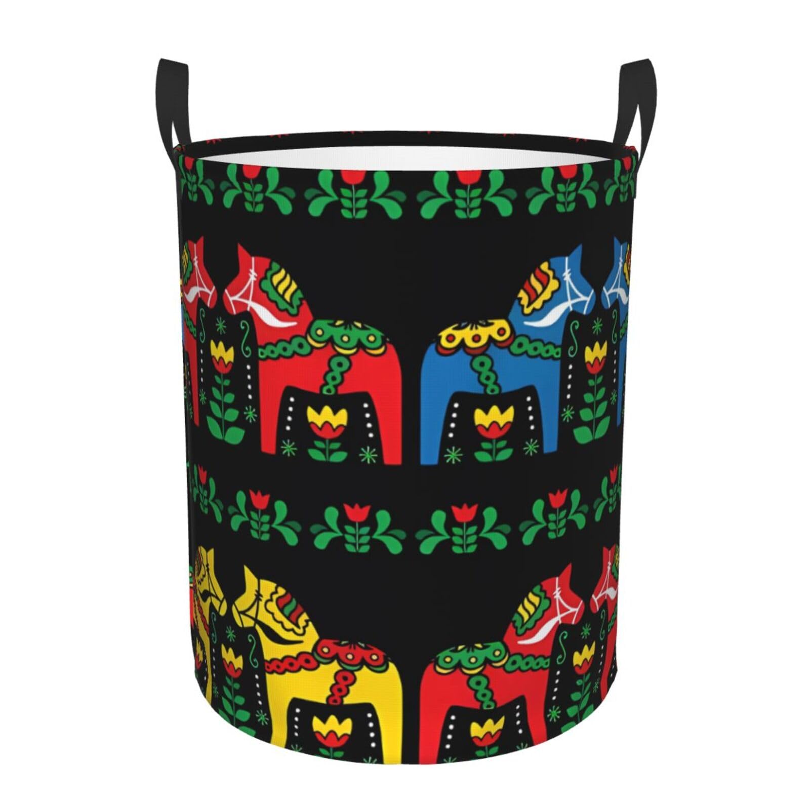 M Collapsible Runner Swedish Dala Horse Folk Print Circular Hamper Round