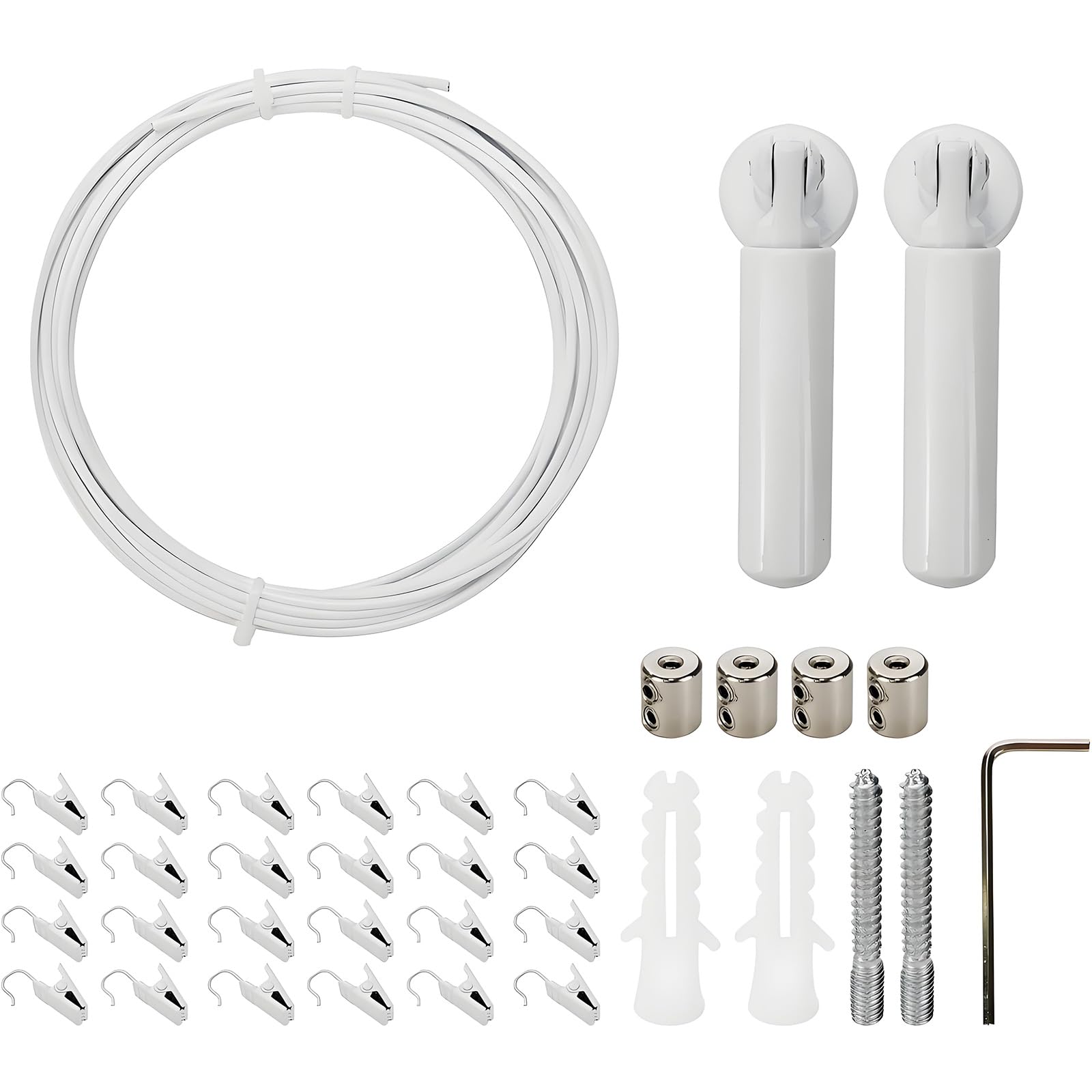 Elnwnnkc Wall Mount Curtain Wire Rod Set Multifunctional Metal Clothesline Picture Hanging Wire with 24 Clips for Clothes Curtain Rod with Hanging Clips