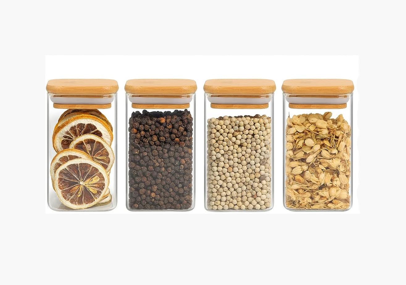 MARTVIA Glass Food Storage Containers With Airtight Bamboo Lid, Thickened Coffee Storage Jars For Home Kitchen, Pantry Tea, Spices, Snack,Salt,Grains,Pasta (Square 350Ml, Set Of 4)