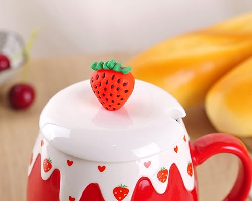 Miniatura 5 de WHJY Taza de café femenina, taza de desayuno de cerámica coreana de fresa con tapa y cuchara - 15.2 fl oz15oz, rojo B