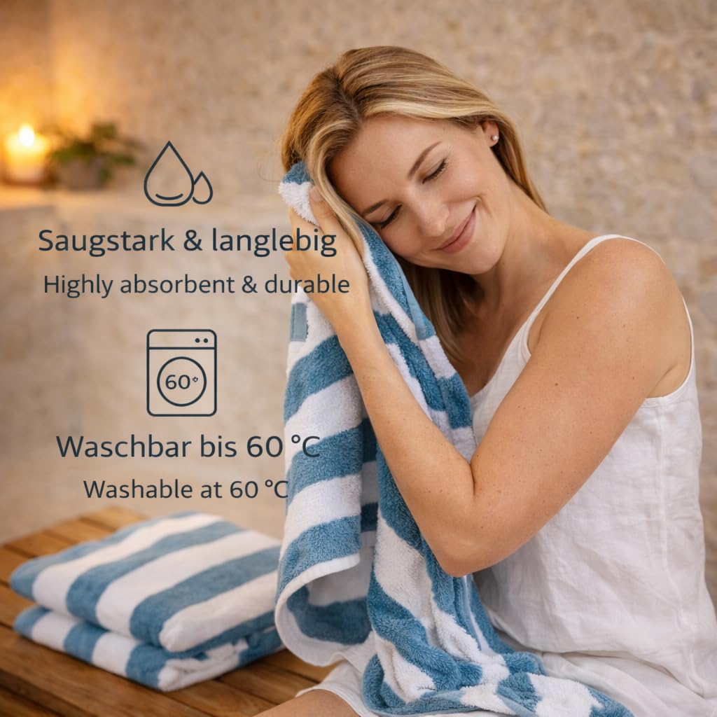 Betz Telo sauna BERLIN con strisce - 2 asciugamani sauna in cotone 100% - telo bagno - 70 x 180 cm - bianco - blu colomba