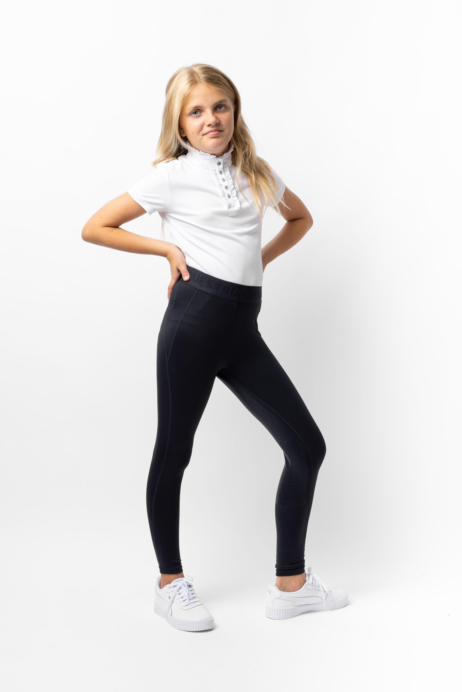 HORZE Kinder Reitleggings Madison, Vollbesatz Reithose Mädchen mit Silikon für besseren Halt im Sattel, Blau, 158/164