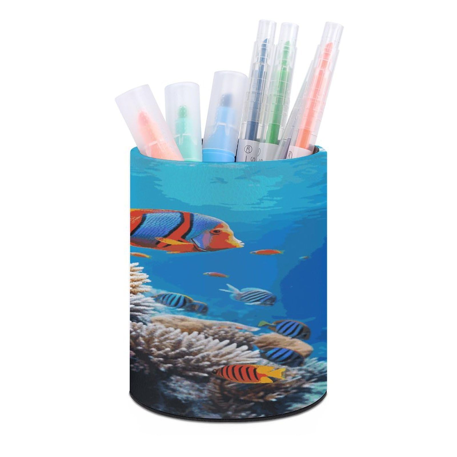 FekiLoot Ocean Tropical Fish Coral Pen Holder Cup Fashion PU Leather Pencil Cup Minimalist Pen Organizer Round Pencil Holder Stand Work Locker Accessories for Decoration Desk Office Home