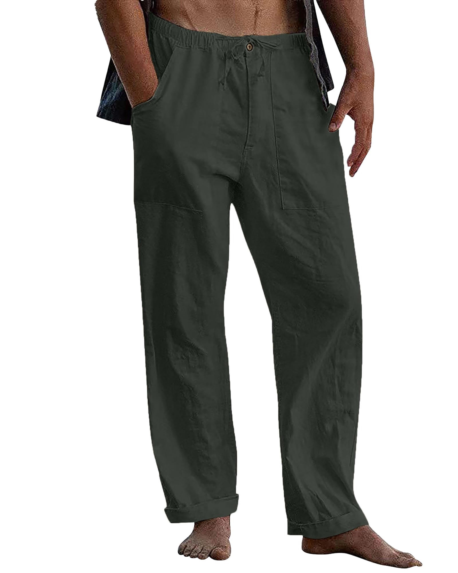 LVCBL Leinenhose Herren Sommer Herbst Lose Lässige Leinenhose mit Taschen Elastischer Bund