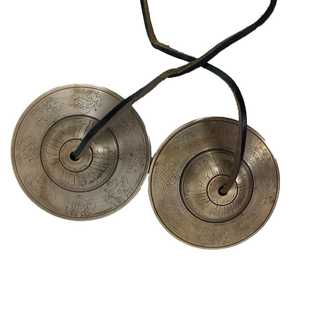 Tibetische Tingsha Becken Glocken Handgefertigte Tibetische Meditation mit buddhistischen Symbolen Tingsha Reine Bronze Tingsha Glocke Yoga Meditation Chimes ca 3,5 Zoll mit Asthamandap Craved