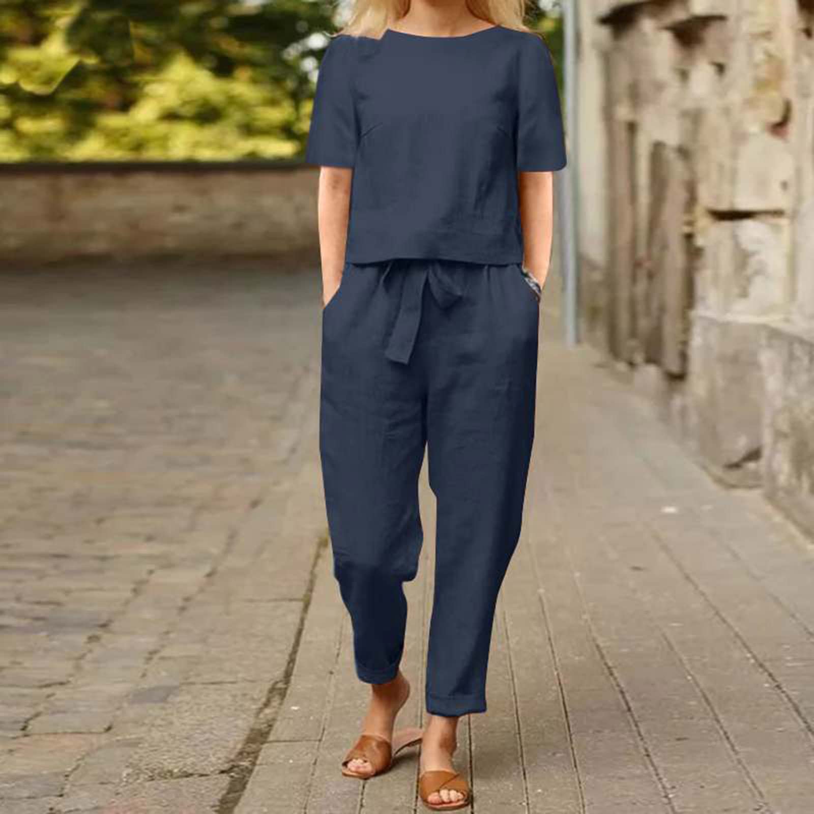 EMATOP Leinen Zweiteiler Damen Sommer Casual Hosenanzug 2 Teiler Kurzarm Tshirt und Lang Hose Freizeitanzug Leicht Einfarbig Sportanzug mit Taschen Tracksuit Elegant Baumwolle Workout Set