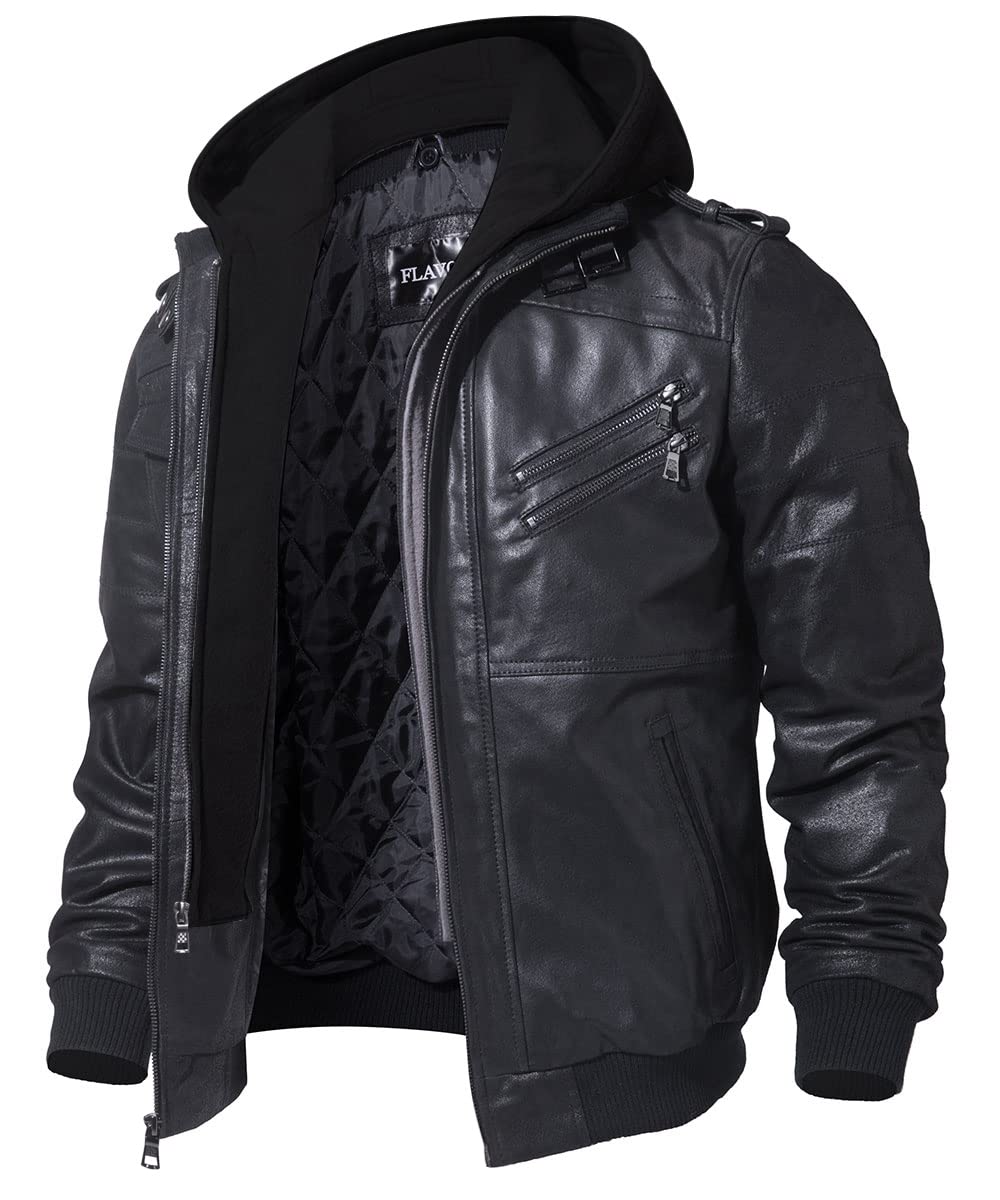 FLAVOR Giacca di Pelle Vera Uomo Moto Cappuccio Staccabile
