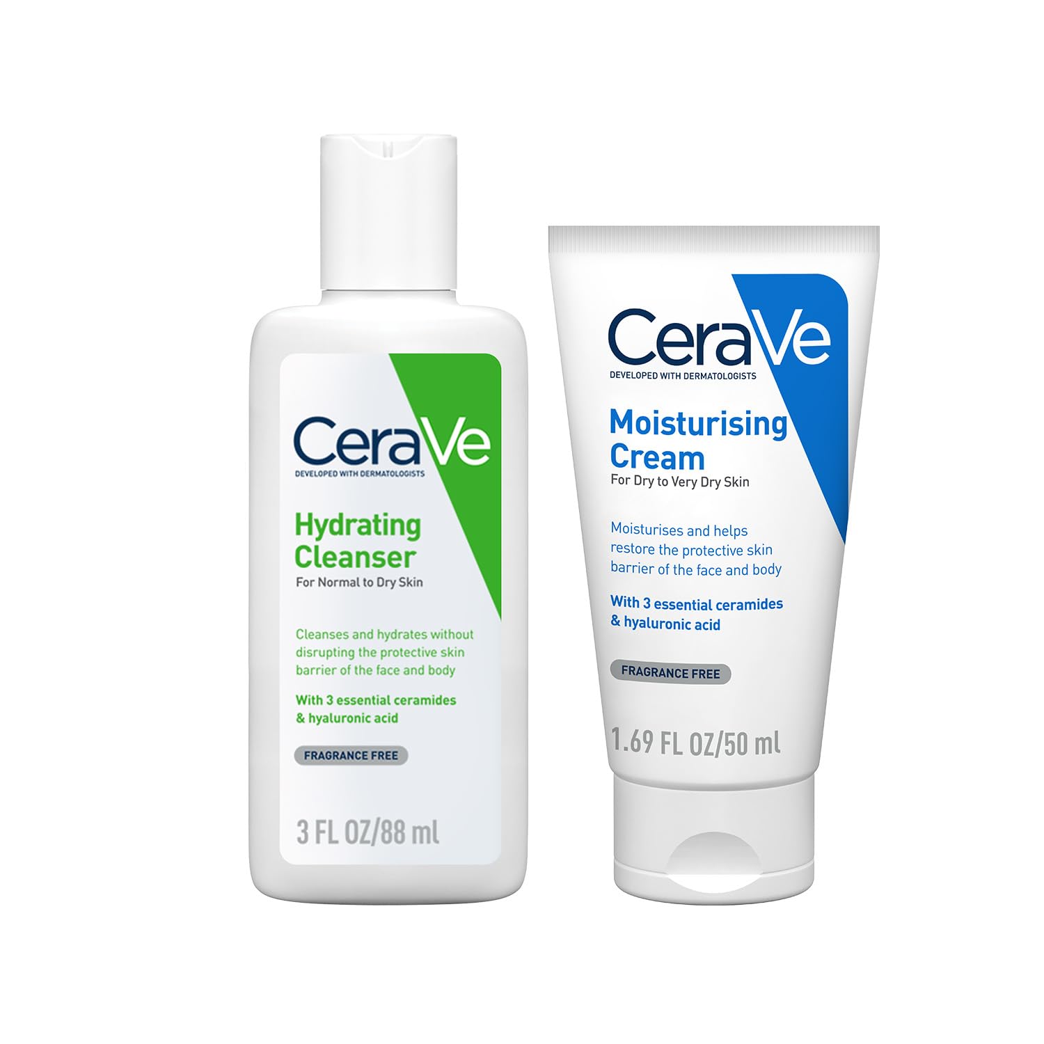 cerave moisturizing cream for dry to very dry skin (50ml) & hydrating cleanser for normal to dry skin (88ml) - with 3 essential ceramides & hyaluronic acid, non-comedogenic
