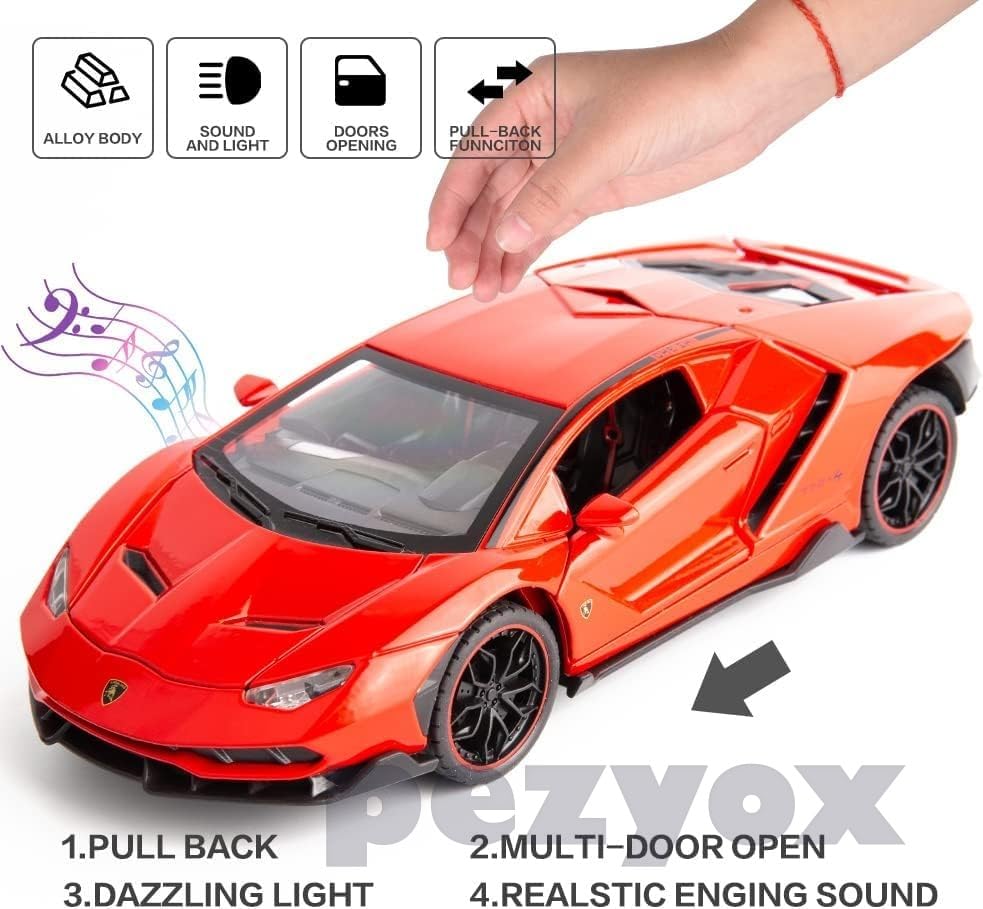 Image of 1 /24 Scale Lamborghini LP770 Alloy Diecast Model Vehicles Pull Back Toy Car with Light and Sound for Kids Boys Gift (Red)