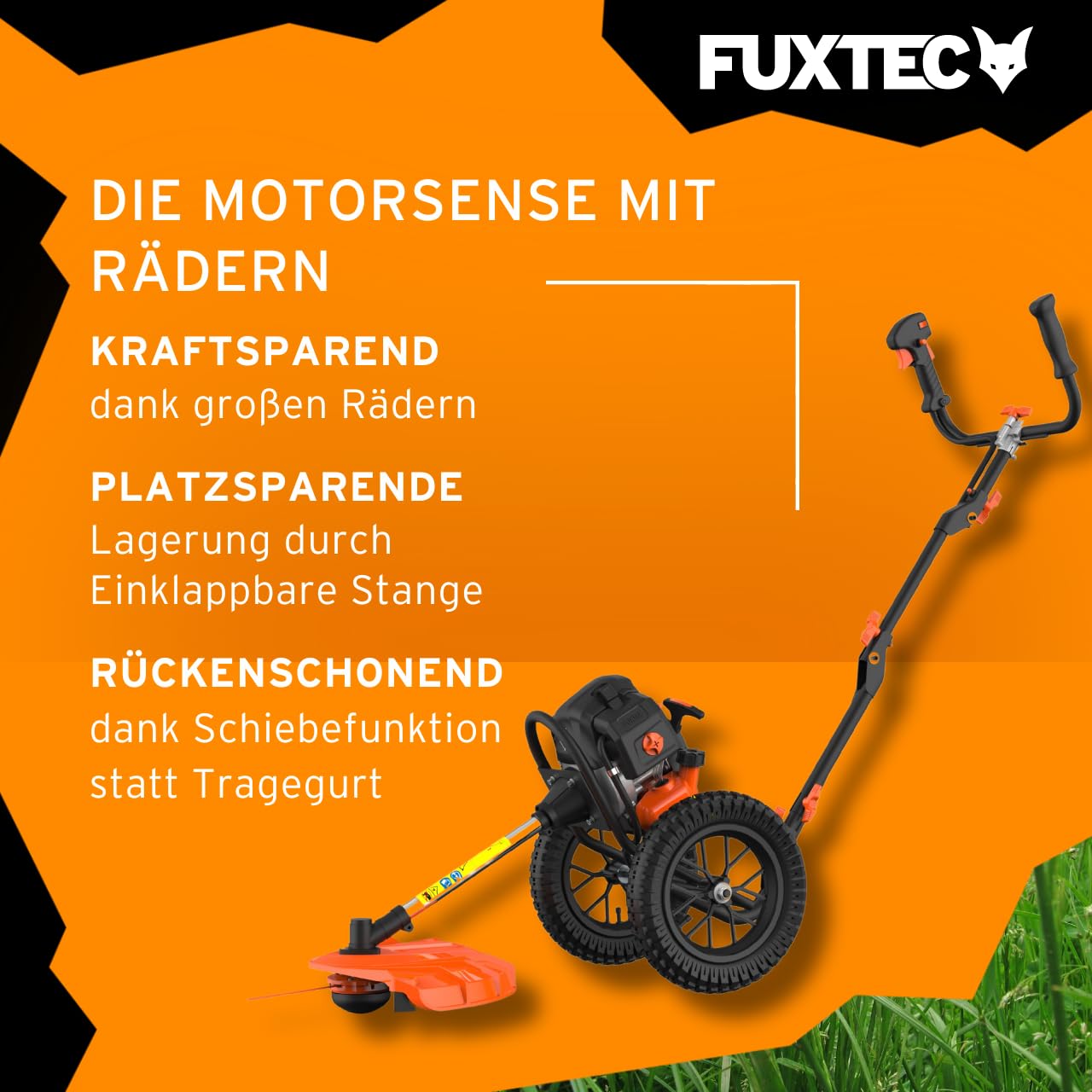 FUXTEC Benzin Motorsense auf Rädern FX-FSR152 mit 52 cc, großen Lufträdern und 3 PS Leistung Trimmer Rasentrimmer Freischneider fs Faden 2-Takt