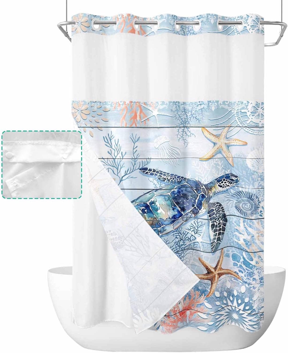 Blue Turtle No Hook Shower Curtain with Snap in Liner Summer Ocean Beach Starfish Coral Wood Board Shower Curtain for Bathroom, Fabric Waterproof Inner Liner, Hotel Style with Mesh Top Window, 36x78