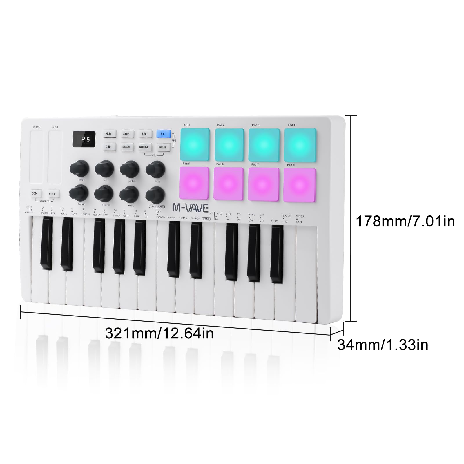 M-VAVE Controlador Midi, Musik-Arrangement Keyboard Mini 25 Teclas MIDI Electrónico Controller Pad Batería Incorporada SMK-25 Blanco