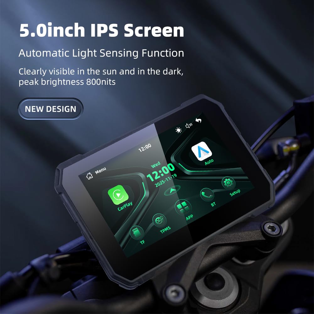 Bezprzewodowy odbiornik samochodowy CarPlay i Android do motocykla, ekran dotykowy IPS 800 nitów, IP67, wodoodporny ekran dotykowy, BT 5.0, obsługuje mapy / muzykę za pośrednictwem smartfona
