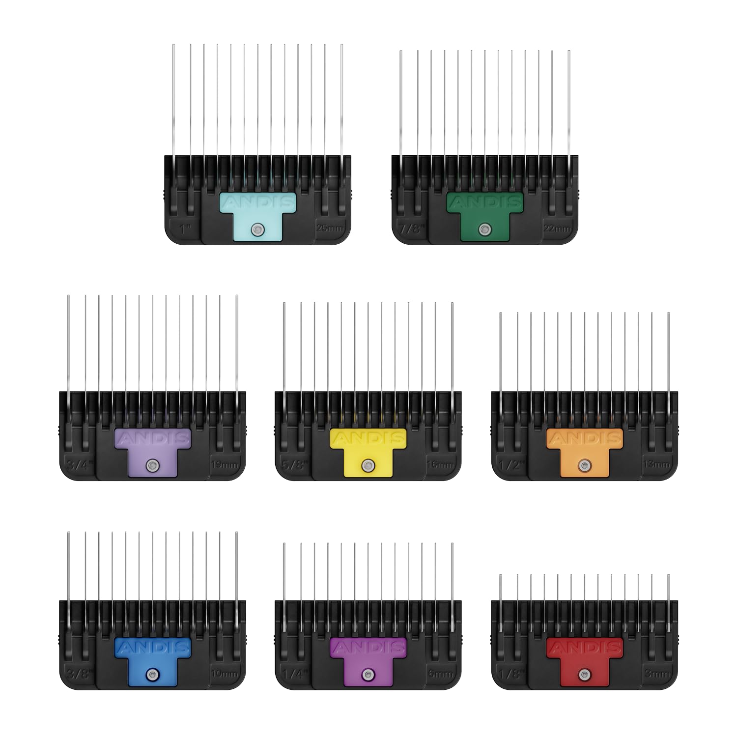 Andis 561475 Premium-Tierkamm-Set mit Clip, hergestellt aus Kunststoff, inklusive 8 farbcodierten Kämmen in verschiedenen Größen, Befestigungskamm, alle Fellarten, mehrfarbig | Passend für breite Klingen Nr. 10 W, # 30 W, T-84 und T-10, robuster Kunststof