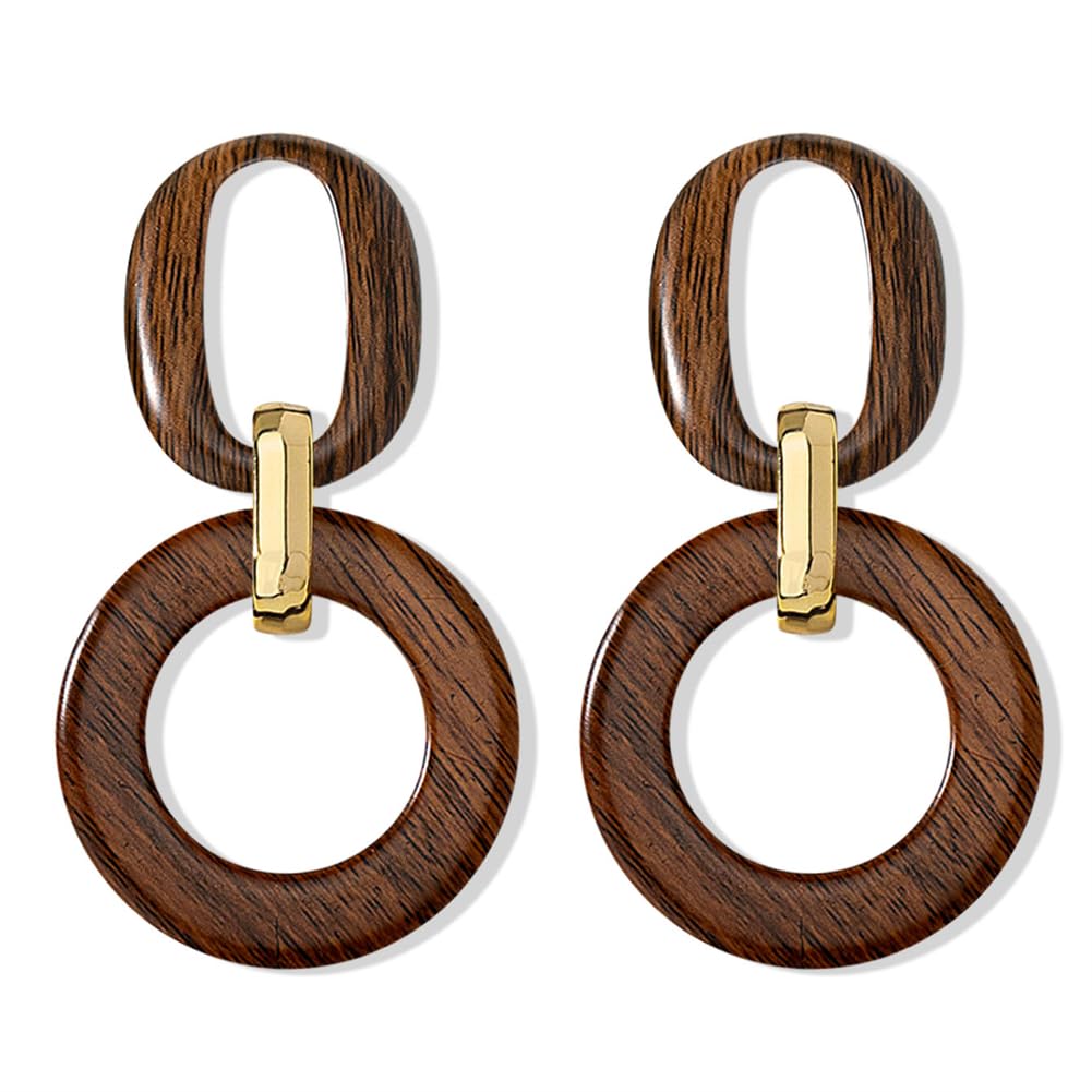 Wooden Round Earrings Vintage Creative Wooden Geometric Circle Chain Earrings For Women Exaggerated Earrings