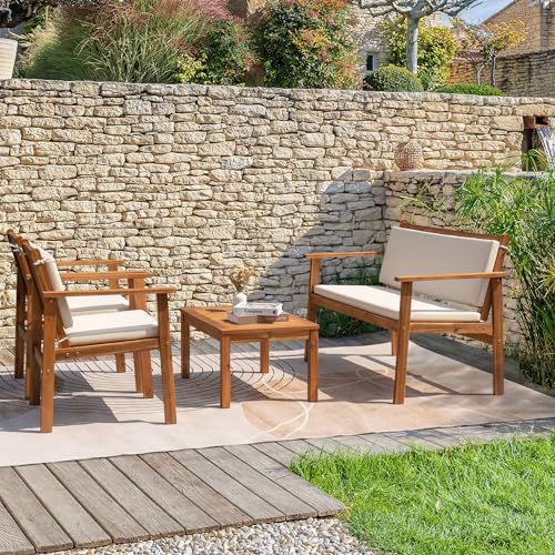 Greesum Outdoor Patio Furniture, 4 Piece Bistro Sofa Set with Coffee Table and Loveseat, Acacia Wood Conversation Sets with Cushions, for Garden, Backyard, Poolside, White - Image 4