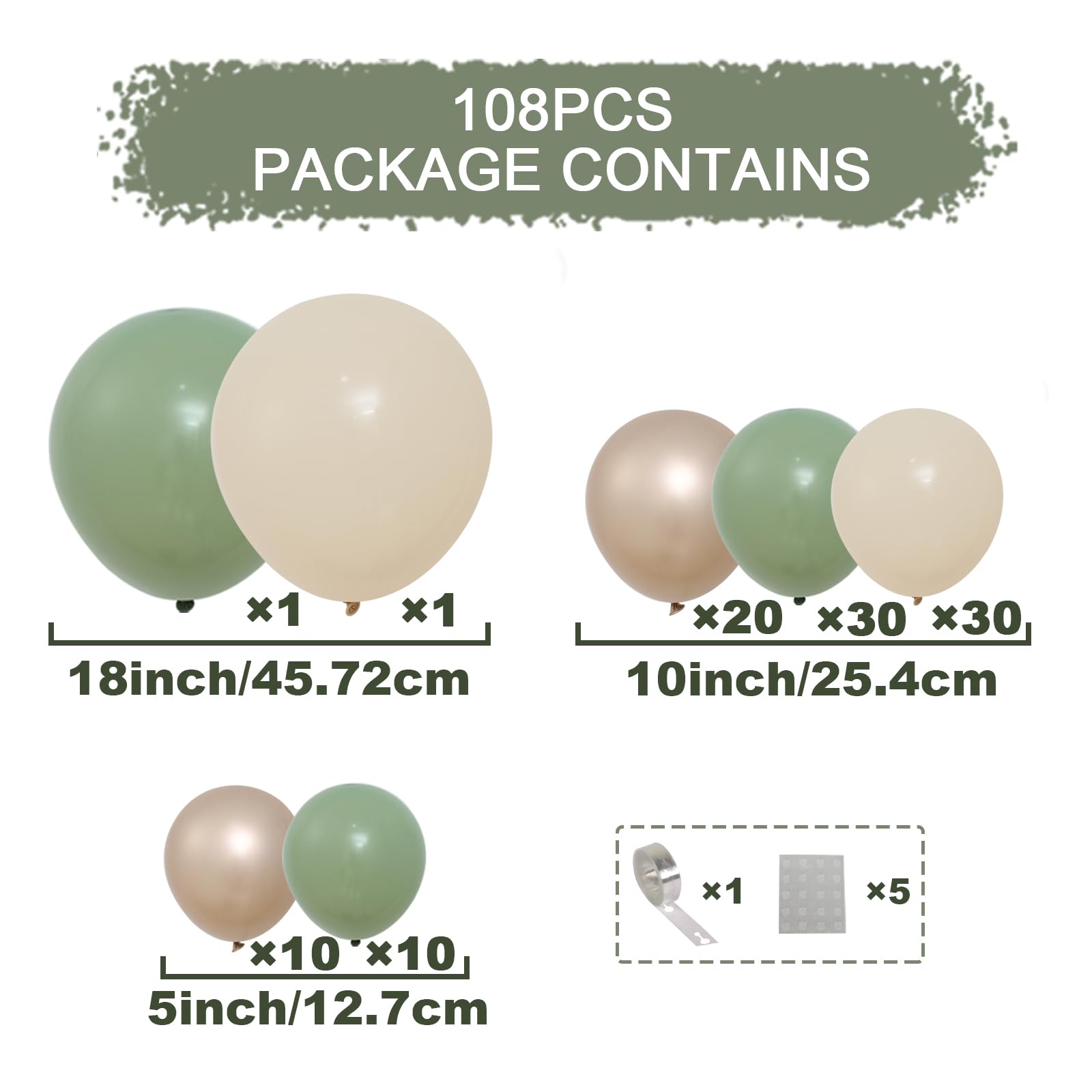 Kit Arco Palloncini Verde Salvia, 108pcs Palloncini Compleanno Verdi Con Verde Avocado, Oro Champagne e Sabbia Bianco Palloncini Per Compleanno, Baby Shower, Battesimo Bambino, Addobbi Matrimonio