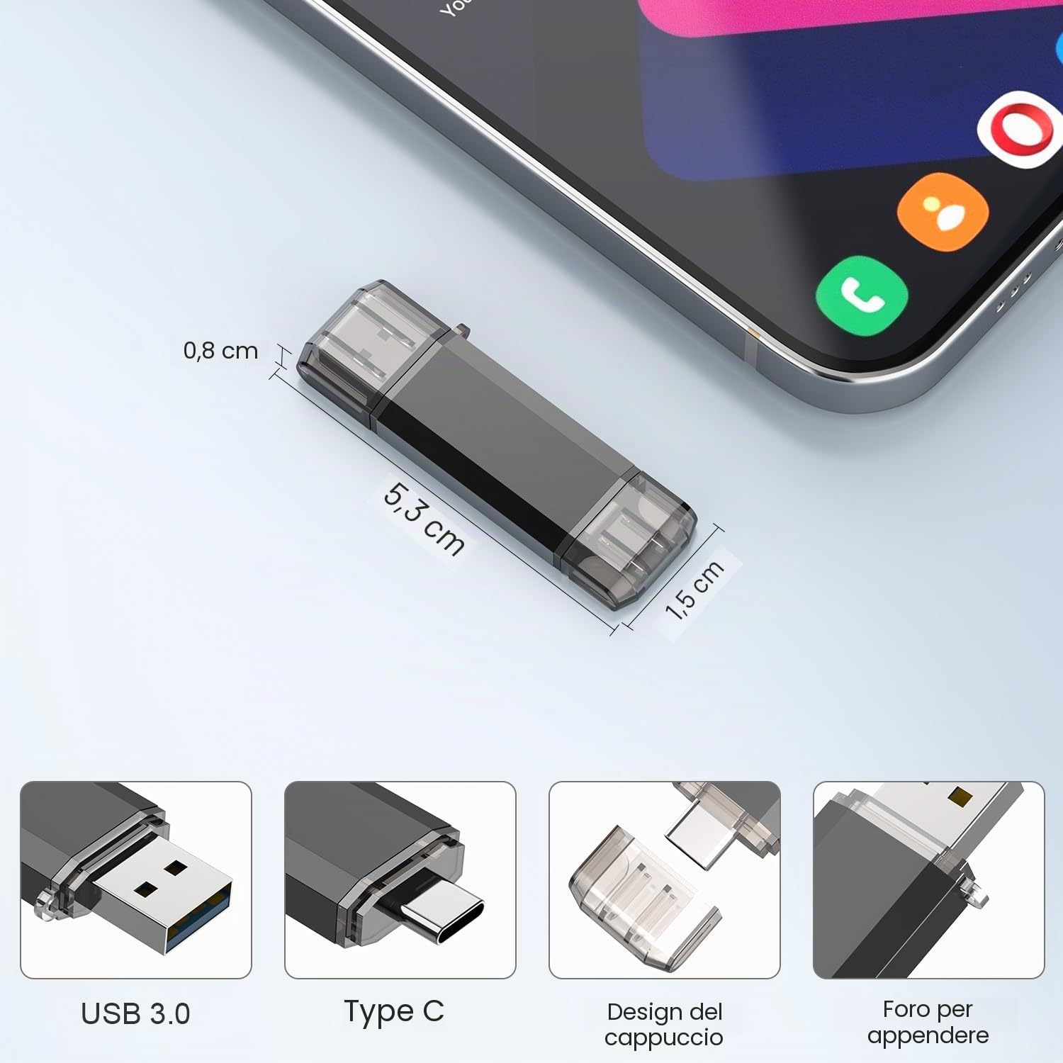 RAOYI Chiavetta USB C 128GB 3.0 Pendrive 2-IN-1 OTG per Smartphone Android e PC, Unità Flash USB Tipo C con Connettore Duale(Nero)