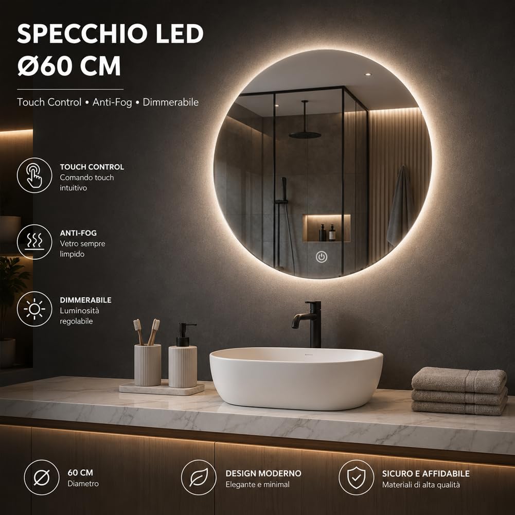 Shally Dogan Specchio Rotondo da Parete con Led Dimmerabile a 3 Colori, Bianco Freddo, Caldo e Naturale, Accensione con Touch, Decorazione da Muro Design Moderno e Salvaspazio, Diametro 60 cm