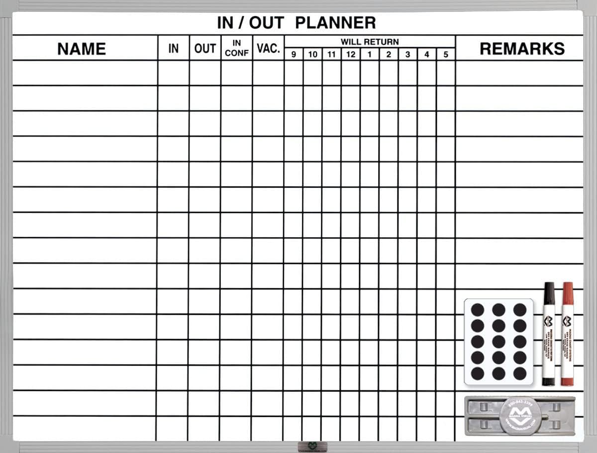 Magna Visual Magnetic Dry Erase in/Out Planner Kit (18" x 24" 15 Name, Black & White) with Aluminum Frame, Steel Board