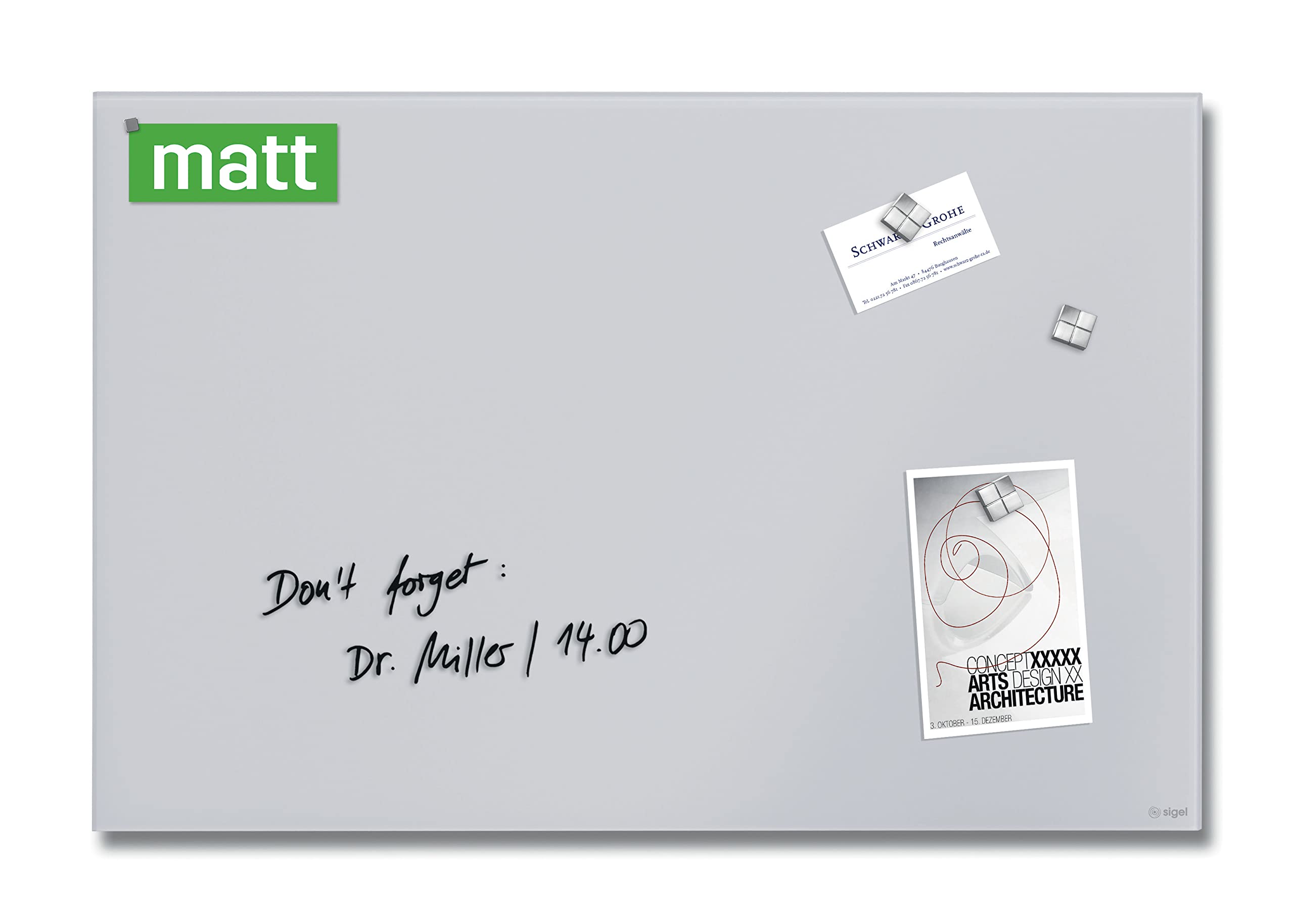 SIGEL GL516 Premium Glass magnetic Board, glossy surface, 60 x 40 cm, easy mounting, light Grey - Artverum