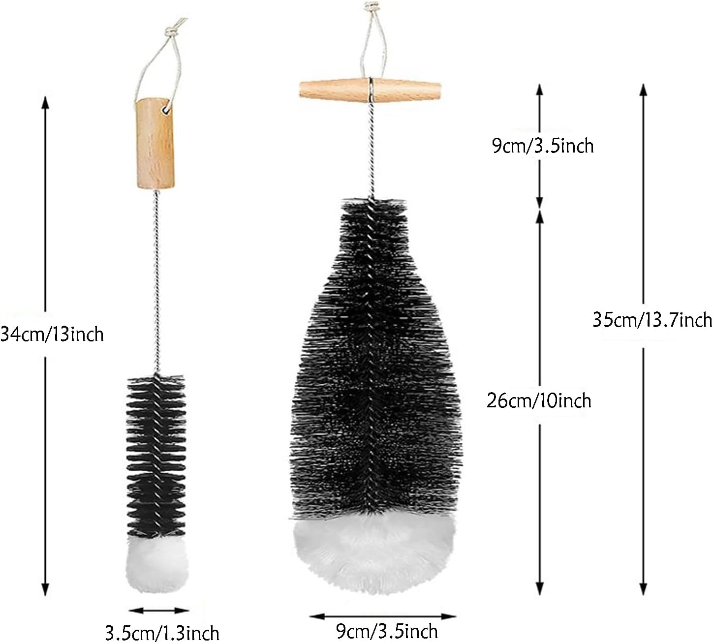 2in1 35cm Extra Long Bottle Brush with Wooden Handle, 100% Scratch-Free Bottle Cleaning Brush Deep Cleaner for Washing Thermos Cup Narrow Neck Beer, Wine Bottles (Black)