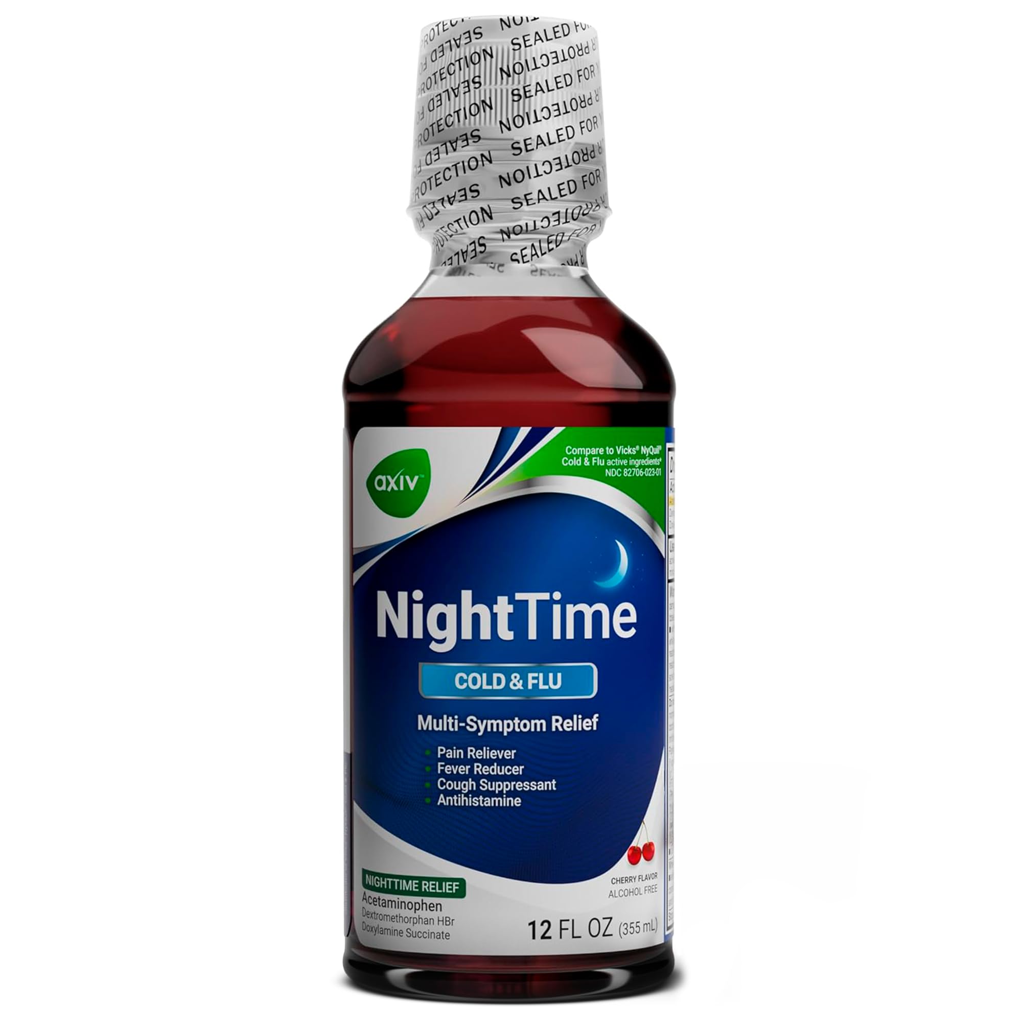 AXIV Nighttime Cold and Flu Relief Liquid Medicine, Multi-Symptom Relief, Pain Reliever, Fever Reducer, Cough Suppressant, Cherry Flavor, 12 fl. oz.