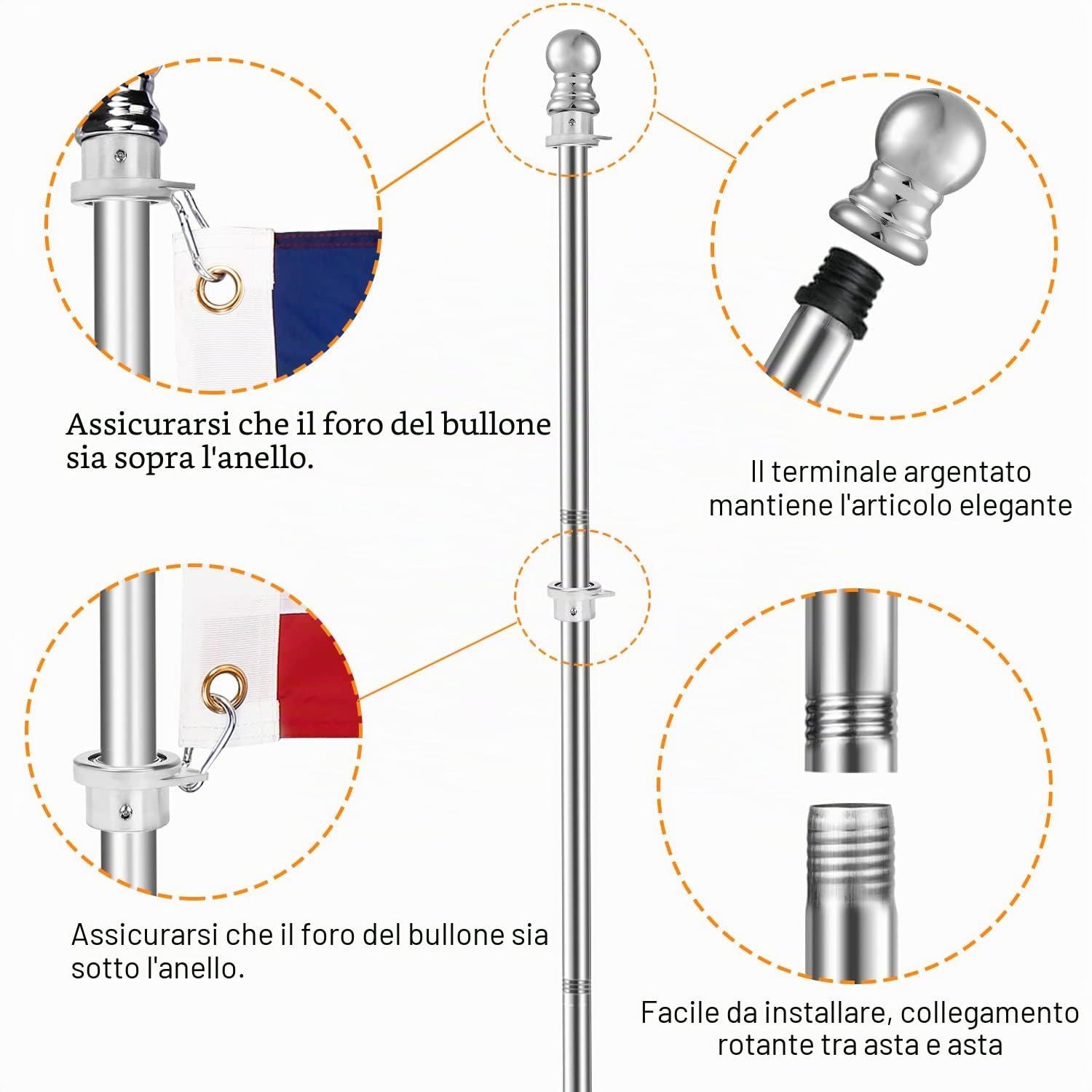 Asta per Bandiera in Acciaio Inox da 1,8 m, Senza grovigli, per Bandiere da 3 x 5, Kit con Asta per Bandiera antiruggine, Asta per Bandiera da Esterno per casa, Cortile, Giardino, Asta per