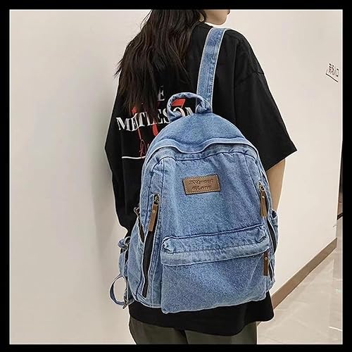 Miniatura 10 de KAOBIO Mochila de mezclilla para mujeres y hombres, mochila vintage estilo grunge, mochila para computadora portátil, mochila retro para estudio,