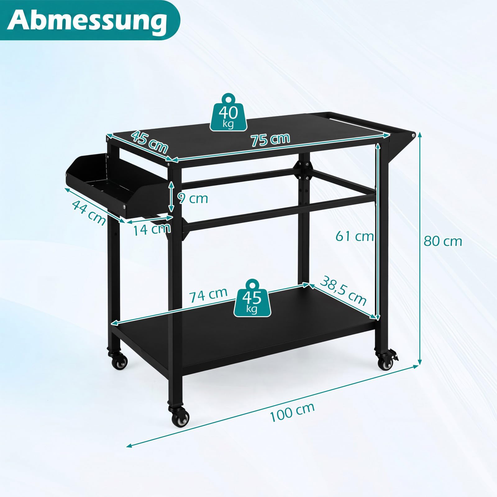 COSTWAY Grillwagen Outdoor, Grilltisch auf Rollen, Pizzatisch mit 2 Ablagen, Griff & Gewürzregal, Servierwagen Metall, Grill Beistelltisch wetterfest, für BBQ Partys, 100 x 45 x 80 cm, Schwarz