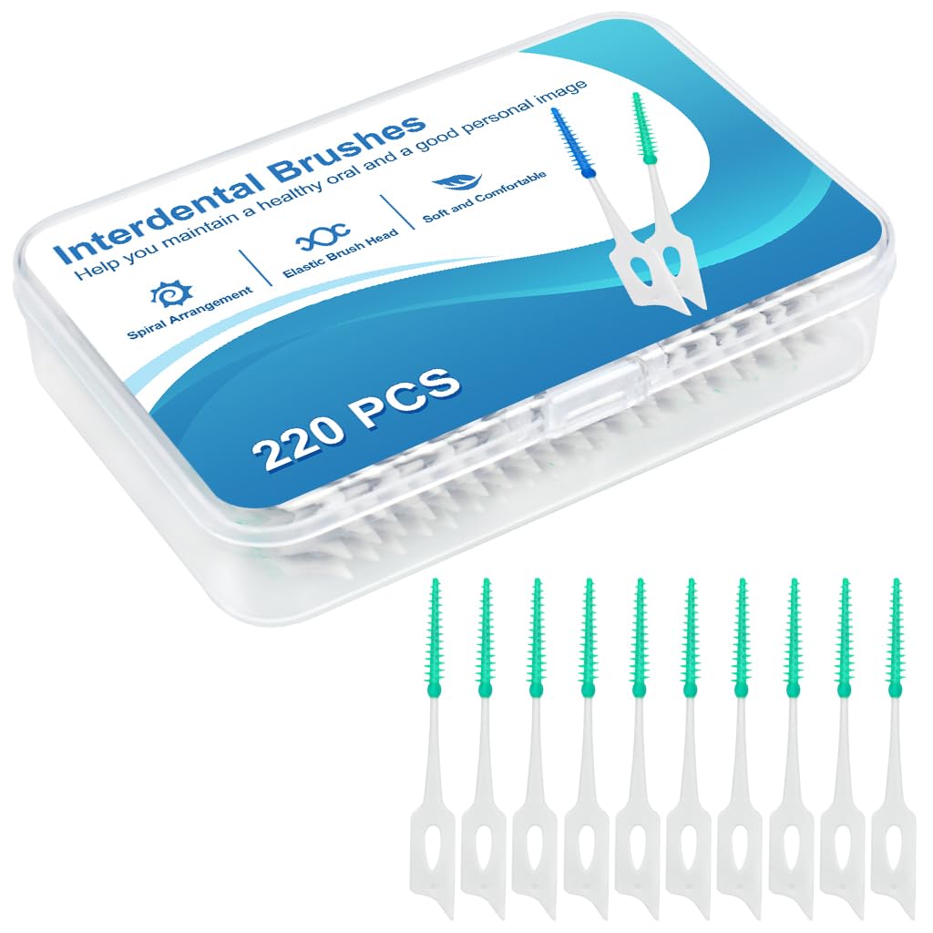 PYGHAP 220 Pieces Interdental Brushes,Soft Silicone Dental Floss Stick,Portable Dual-Use Tooth Flossing Head Oral Dental Hygiene Brush (Green)