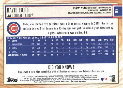 Miniatura 2 de 2019 Topps Big League #66 David Bote Chicago Cubs MLB Baseball Trading Card