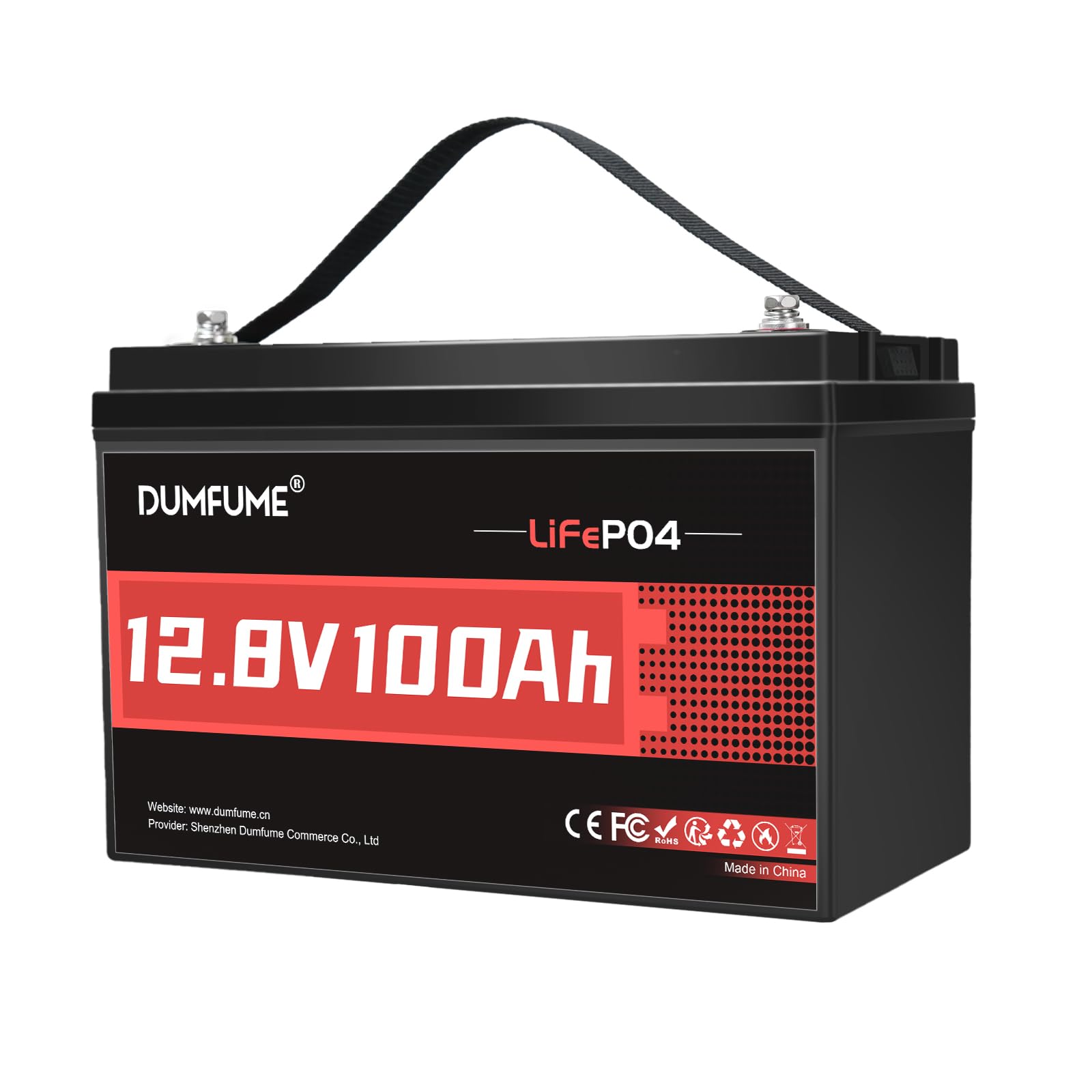 Dumfume Batteria al Litio 12V 100Ah LiFePO4 (1,28kWh) - Gruppo 24, BMS 100A, 15.000 Cicli, Alta Densità Energetica - Per Camper, Solare e Applicazioni Off-Grid