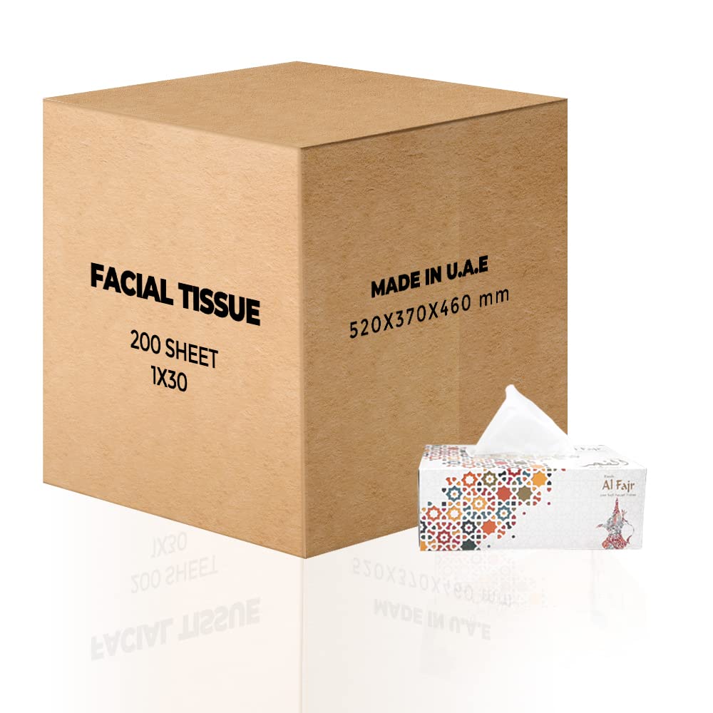 SNH Packing Al Fajr Pack of 30 Ultra Soft Facial Tissue Box - 2 Ply x 200 Sheets Sterilized Germ Protection Tissues For Home & Office Use - Highly Absorbent Gentle Face Tissue Paper For All Skin Type.