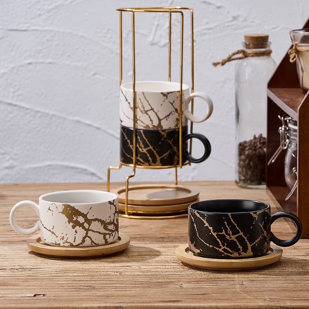 LUKA Porzellan-Espressotasse mit Metallständer, stapelbare Keramik-Demitasse-Espressotassen, Cappuccino-Tassen für Latte, Kaffee, Café, Mokka, Tee (4er-Set)