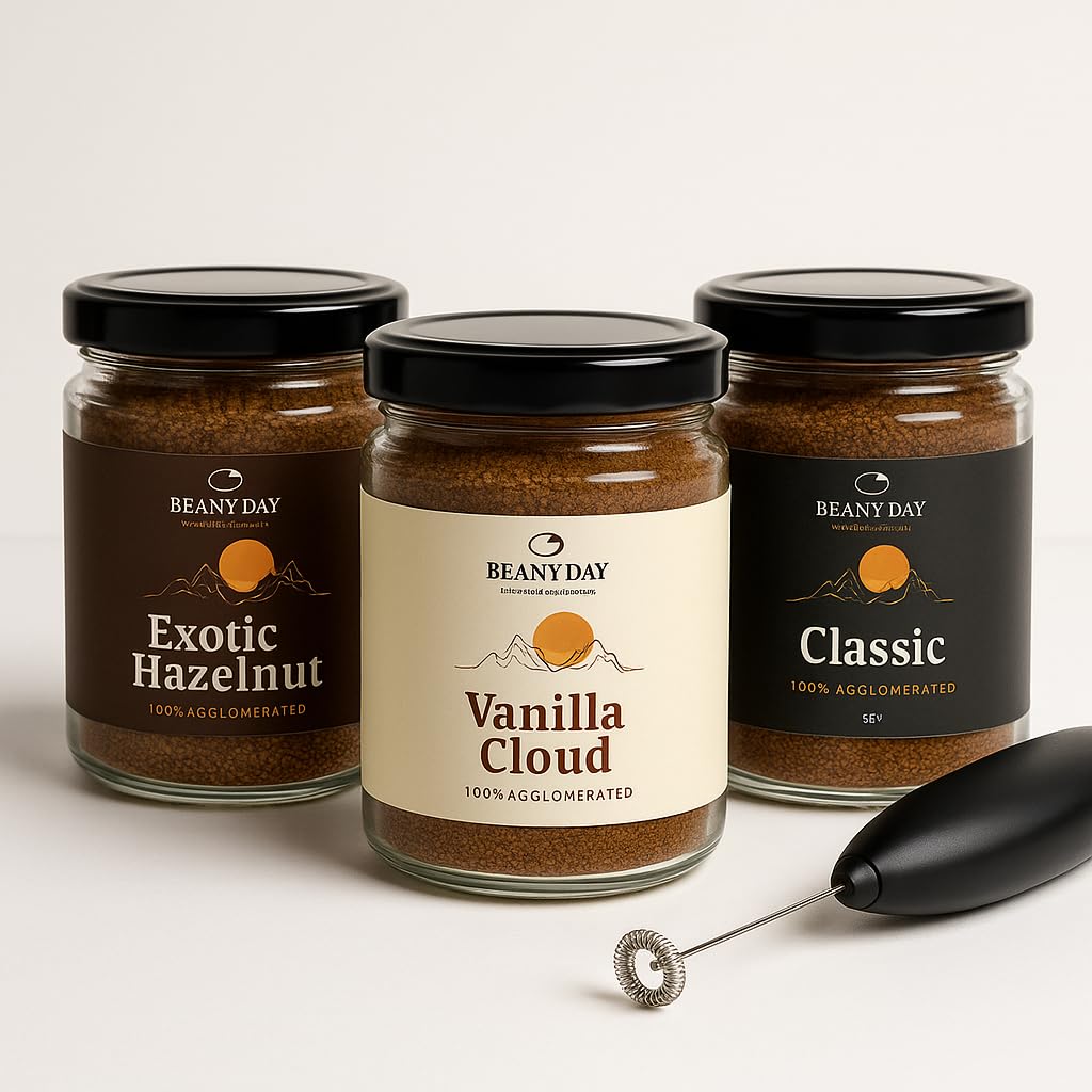 Beany Day Coffee Trio – Hazelnut, Vanilla, Classic (50g Each) | Instant Coffee Pack | Free Frother Inside-image-38