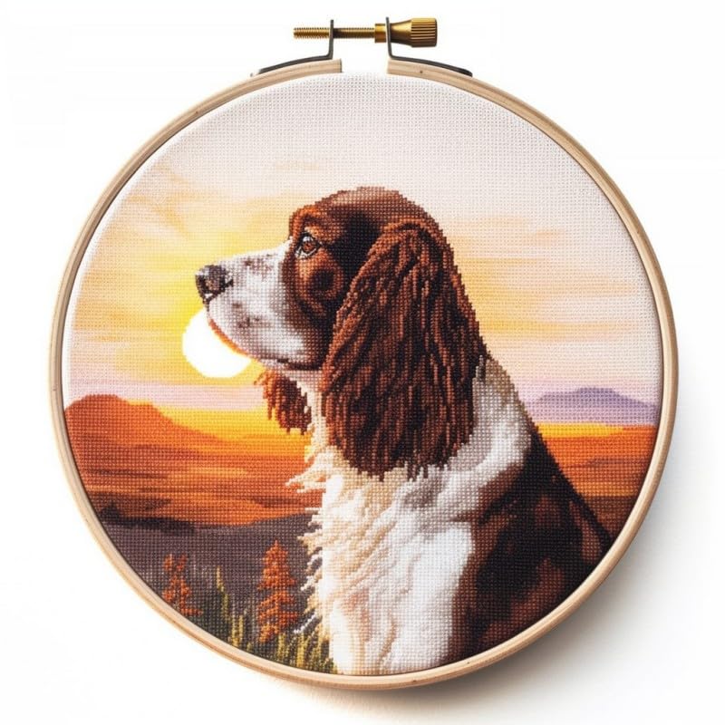 English Springer Spaniel Cross Stitch Kits with Hoop Easy Pattern Stamped Cross-Stitch Supplies Needlework DIY 11CT 2 Strands Cotton Thread Printed DIY Needlepoint Kits 35×35cm (dn165)