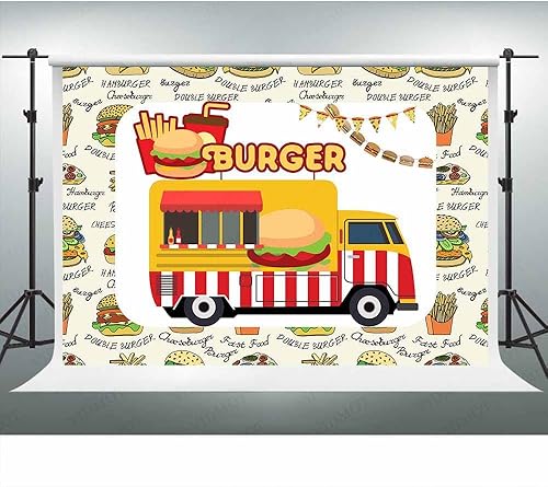 Fondo de hamburguesa para cabina de comida, cena, fiesta, decoración de 7 x 5 pies, comida rápida, camión, papas fritas, bebidas, telón de fondo