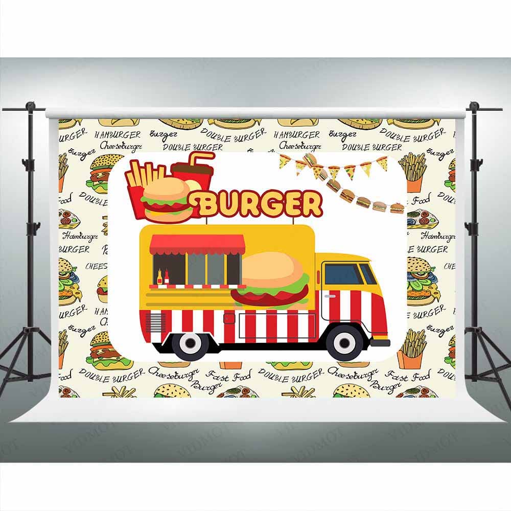 VIDMOT Burger Background for Food Booth Dinner Party Decoration 7x5ft Fast Food Truck Fries Drinks Backdrop for Booth Carnival Gift Cake Table Decor