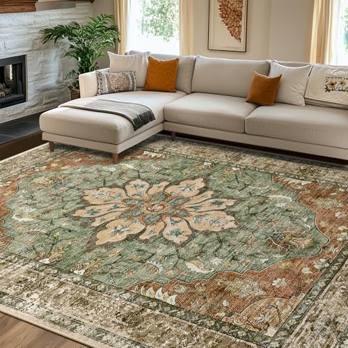 Area Rugs 8'x10' Washable Non-Slip, Floral Vintage Distress Print Pattern Medallion Carpet for Living Room Bedroom Dining Room, Brick Red Rust Neutral Brown Burnt Orange Green - Image 3