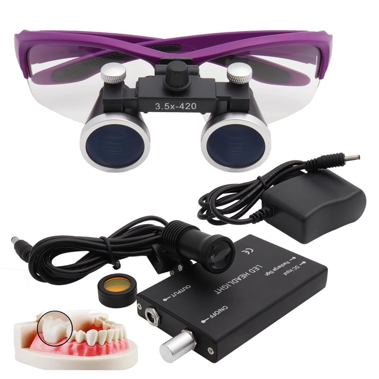 Surgical Binocular Loupes, 2.5X / 3.5X Magnification Working Distance 420mm Safety Goggle, Ultra-lightweight Dental Surgical Loupe Lab Equipment, With Wireless 5W Headlamp & Filter Purple-3.5X